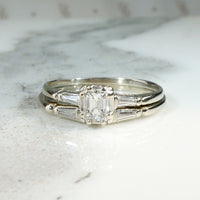 Elegant Mid Century Emerald Step Cut Diamond Wedding Set