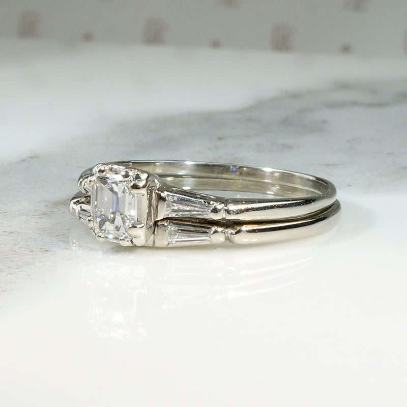Elegant Mid Century Emerald Step Cut Diamond Wedding Set