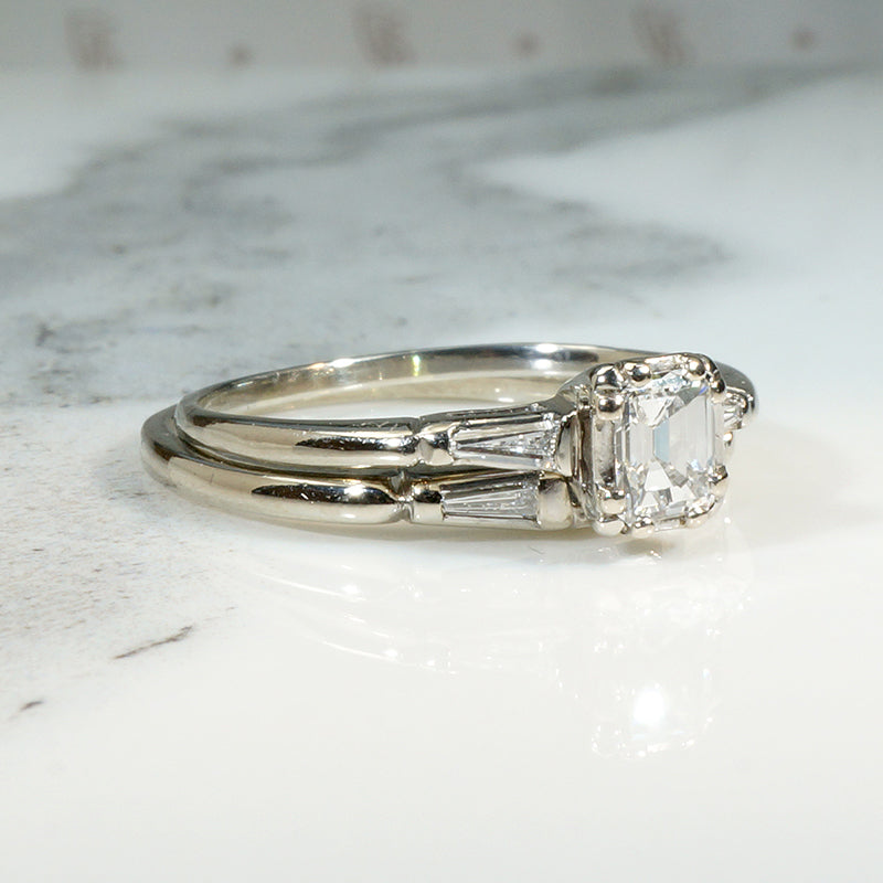 Elegant Mid Century Emerald Step Cut Diamond Wedding Set