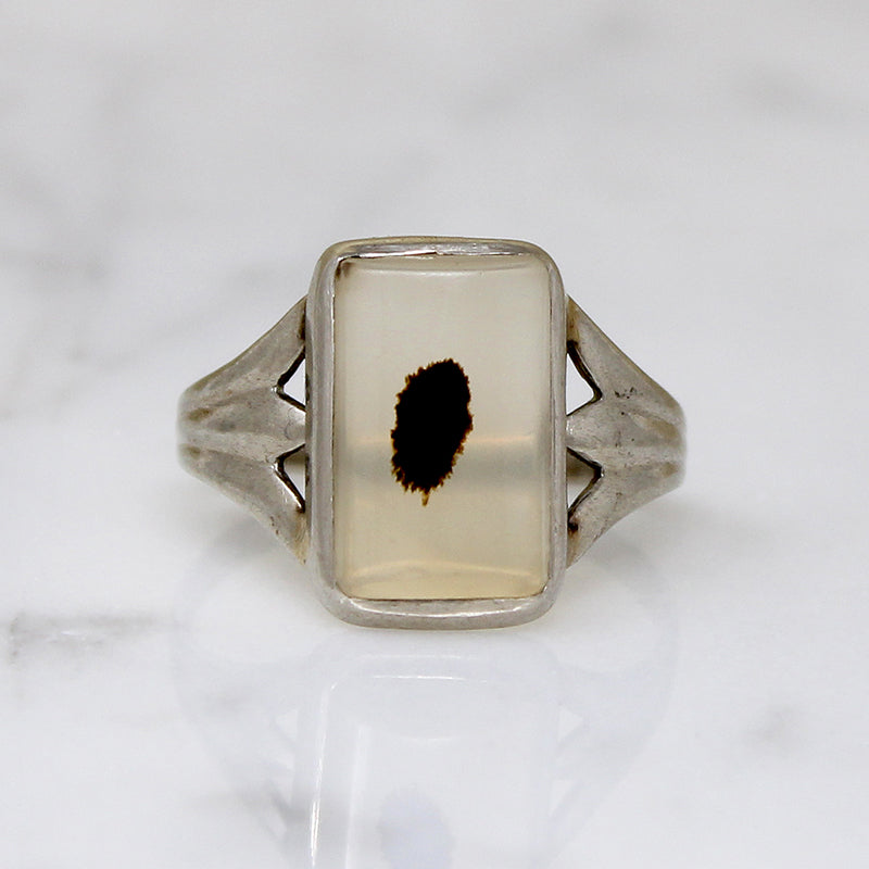 Black Spot Picture Agate in White Gold Ring