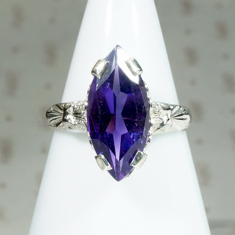 Decadent Amethyst Marquise in Engraved Deco Ring