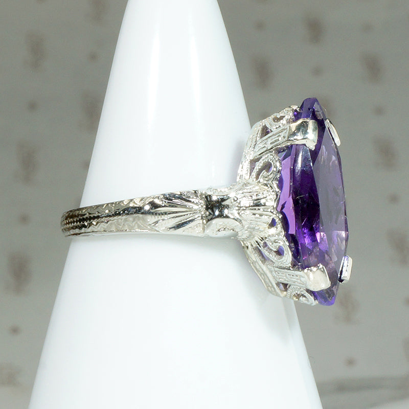 Decadent Amethyst Marquise in Engraved Deco Ring