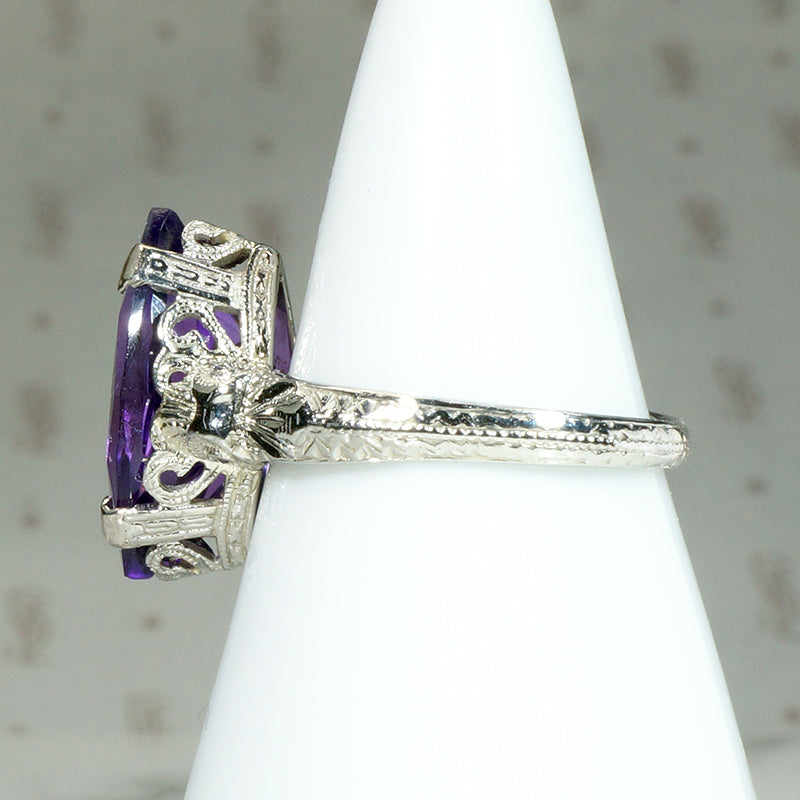 Decadent Amethyst Marquise in Engraved Deco Ring
