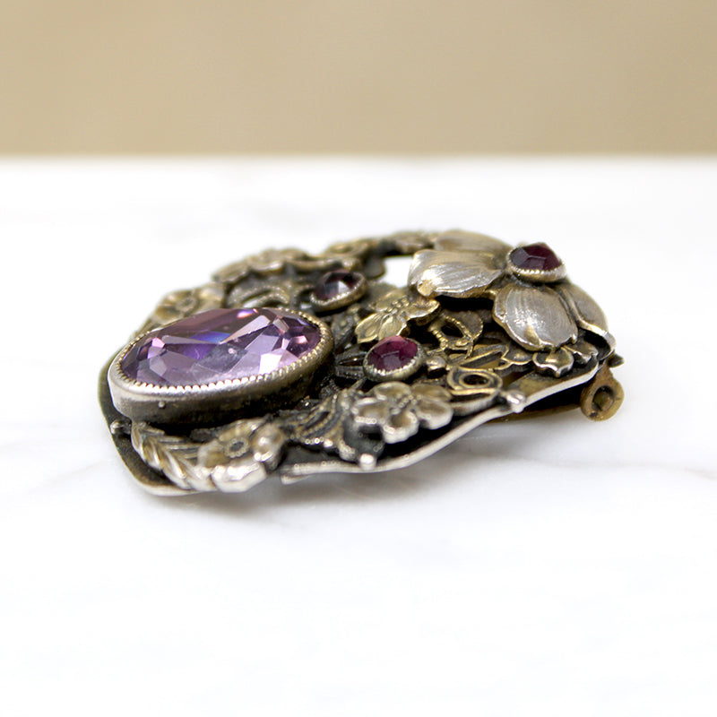 Elaborate Edwardian Dress Clip with Brass Violets