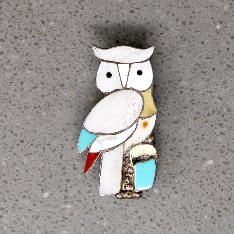 Zuni Inlay Great Horned Owl Brooch