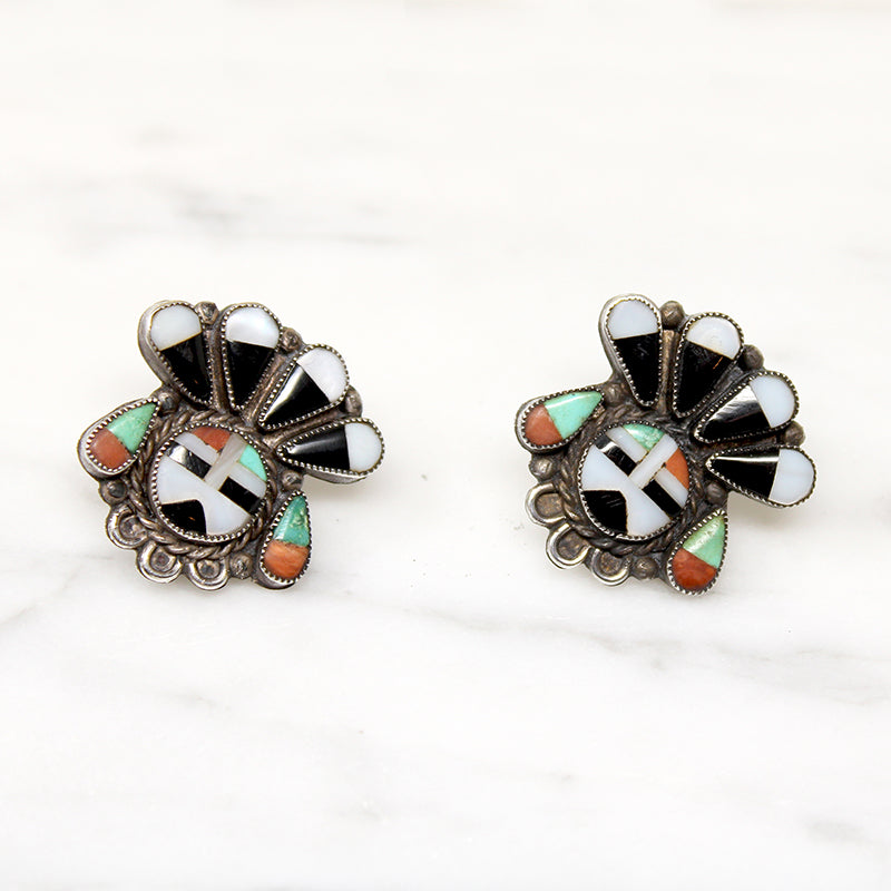 Zuni Inlay Sunface in Ceremonial Headdress Earrings