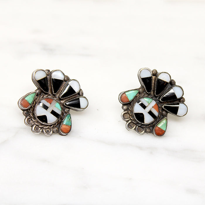 Zuni Inlay Sunface in Ceremonial Headdress Earrings