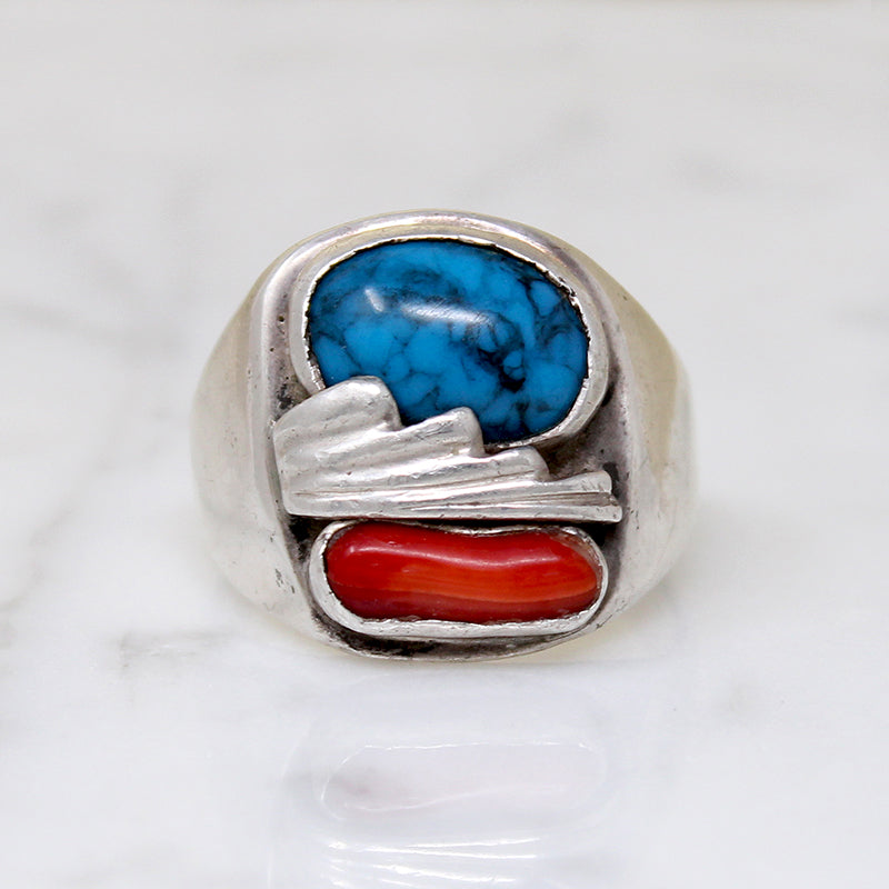 Chunky Modernist Men's Turquoise & Coral Ring