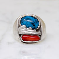 Chunky Modernist Men's Turquoise & Coral Ring