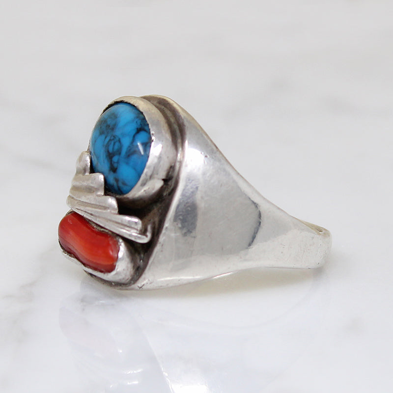 Chunky Modernist Men's Turquoise & Coral Ring