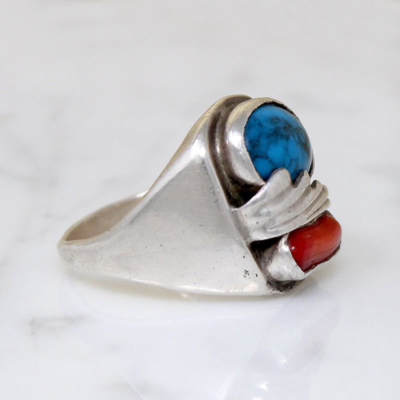 Chunky Modernist Men's Turquoise & Coral Ring