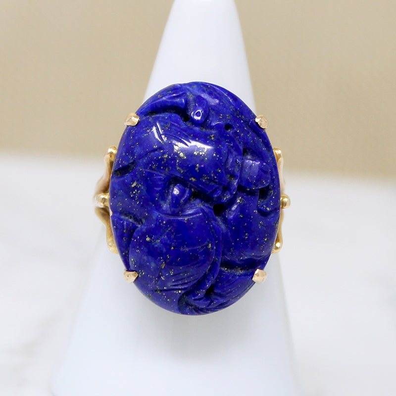 Striking Carved Lapis in Gold Cocktail Ring