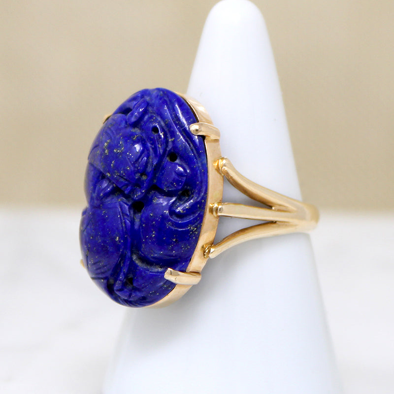 Striking Carved Lapis in Gold Cocktail Ring