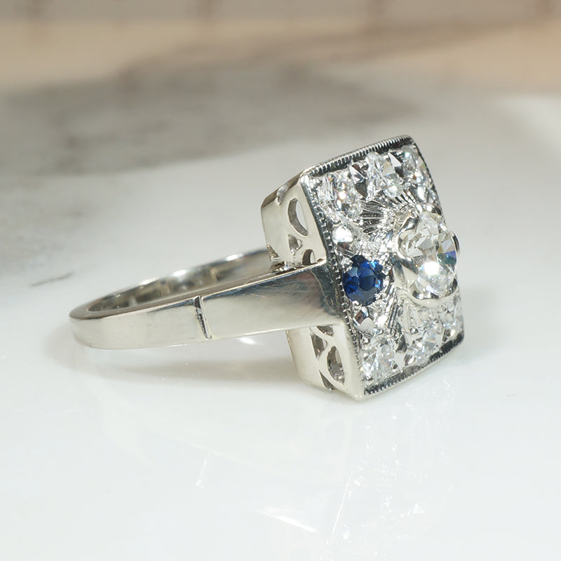 Deco Square Diamond and Sapphire Ring