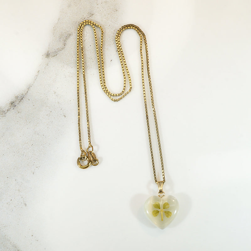Real Four Leaf Clover in Resin Heart Pendant
