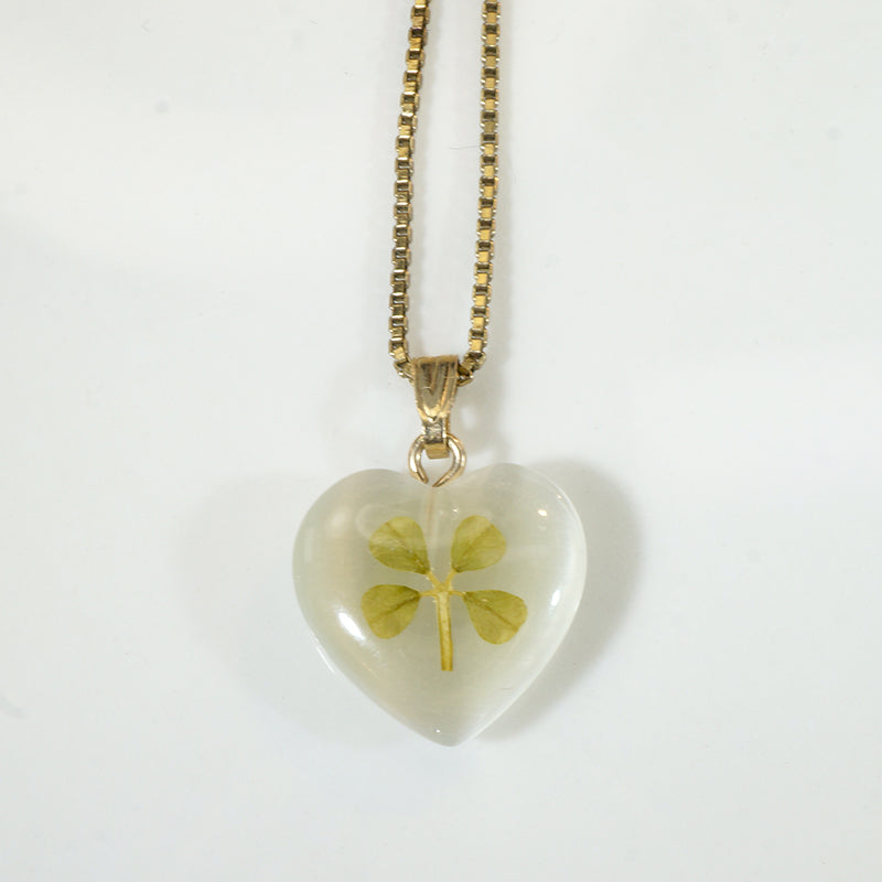 Real Four Leaf Clover in Resin Heart Pendant