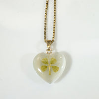 Real Four Leaf Clover in Resin Heart Pendant