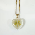 Real Four Leaf Clover in Resin Heart Pendant