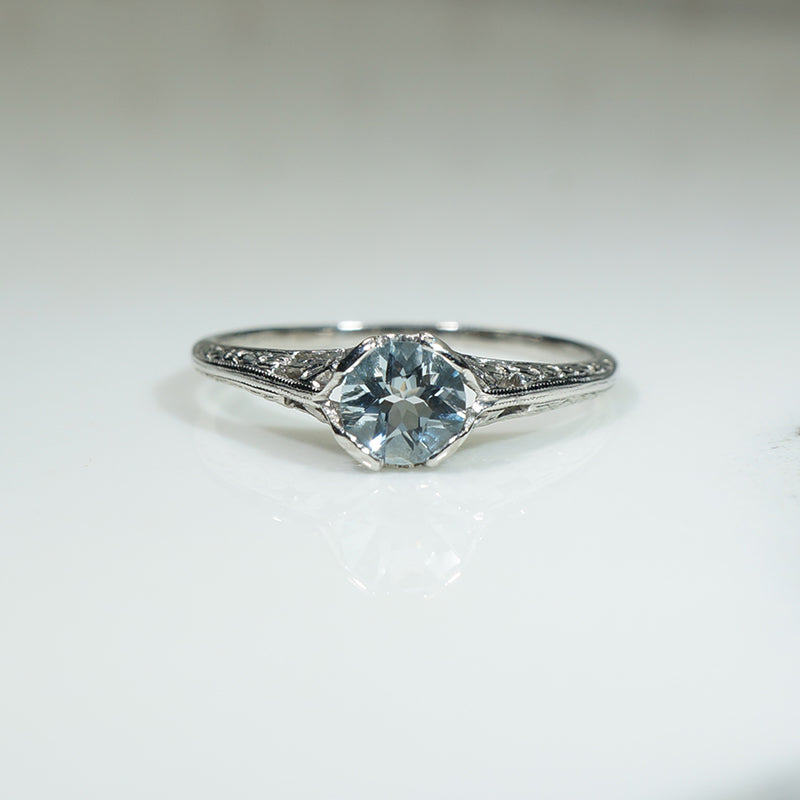 Filigree Flowers Platinum Aquamarine Ring