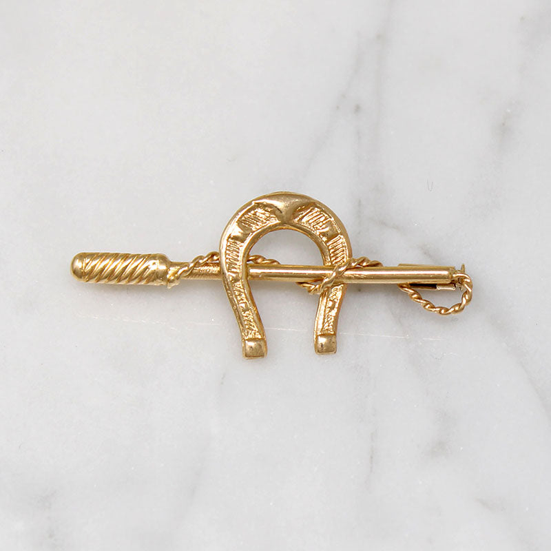 Sassy Horseshoe & Riding Crop 18k Gold Brooch