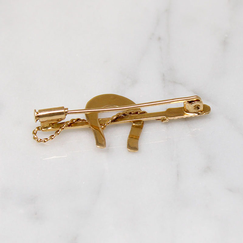 Sassy Horseshoe & Riding Crop 18k Gold Brooch