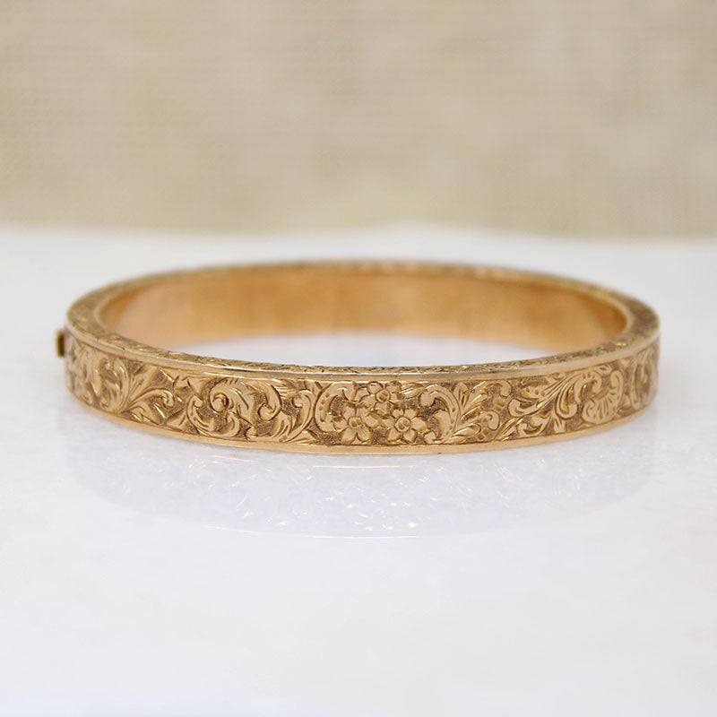 Elaborately Hand Engraved Gold Bangle Bracelet