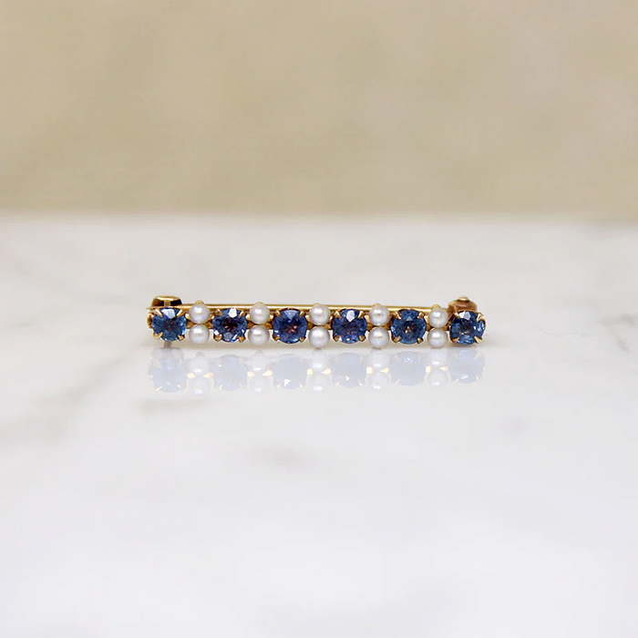 Cornflower Blue Sapphire & Pearl Edwardian Brooch