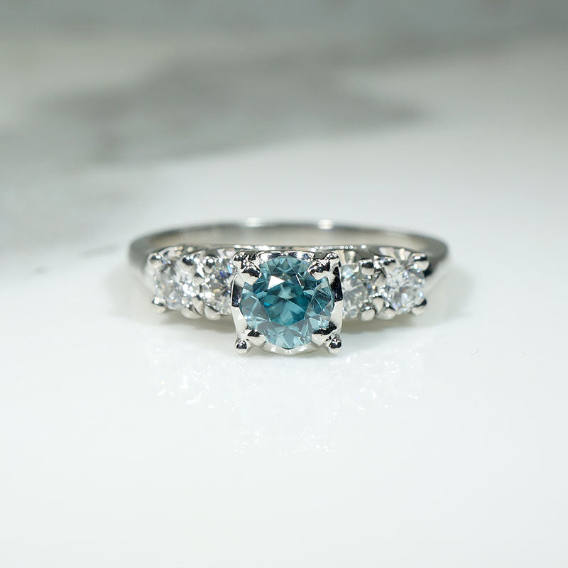 Crisp Mid Century Natural Blue Zircon & Diamond Ring