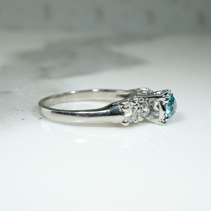 Crisp Mid Century Natural Blue Zircon & Diamond Ring