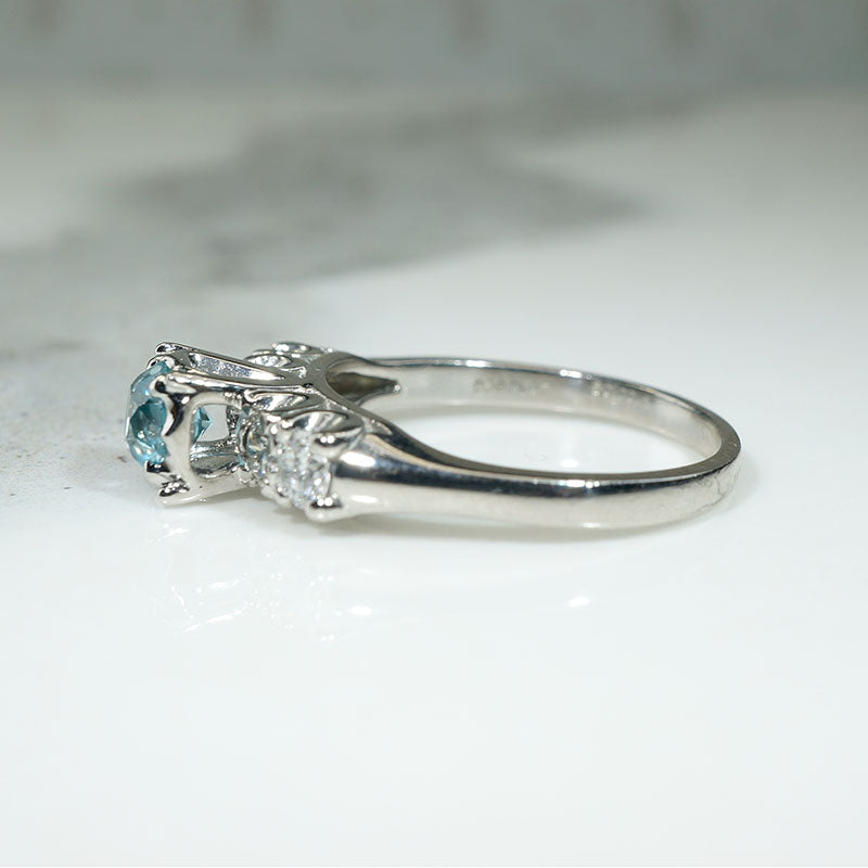 Crisp Mid Century Natural Blue Zircon & Diamond Ring