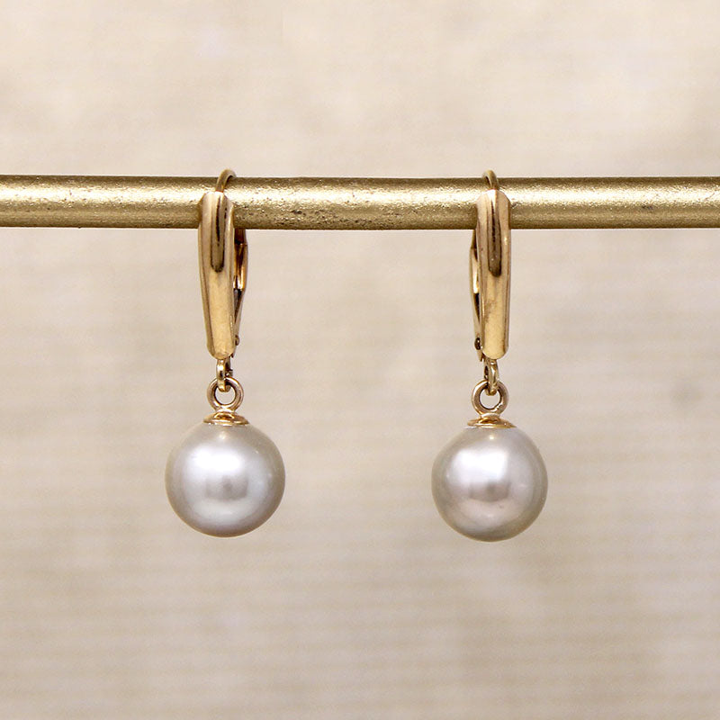 Silvery Pearls on 14k Gold Lever Back Earrings