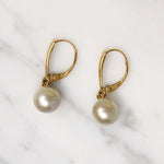 Silvery Pearls on 14k Gold Lever Back Earrings