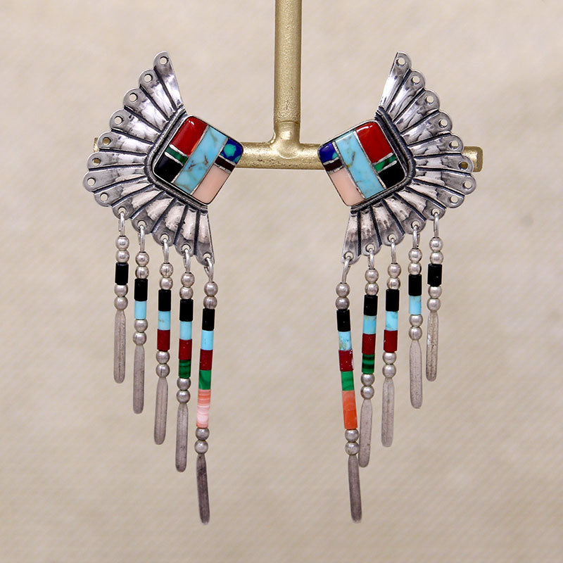 Wild Inlaid Silver Earrings with Fringe Signed Q.T.