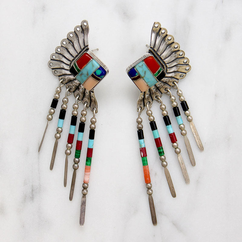 Wild Inlaid Silver Earrings with Fringe Signed Q.T.