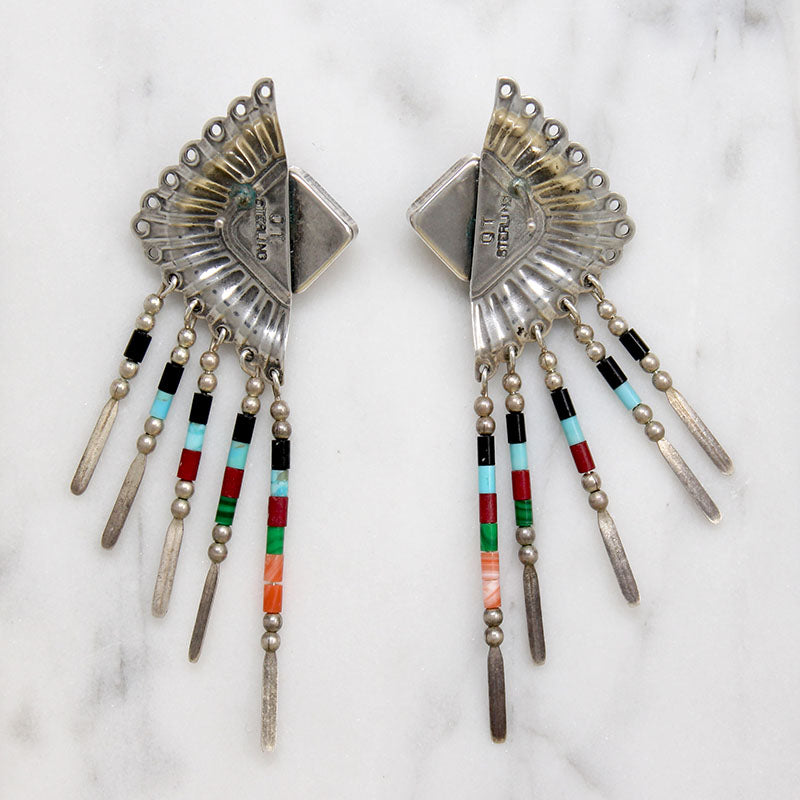 Wild Inlaid Silver Earrings with Fringe Signed Q.T.