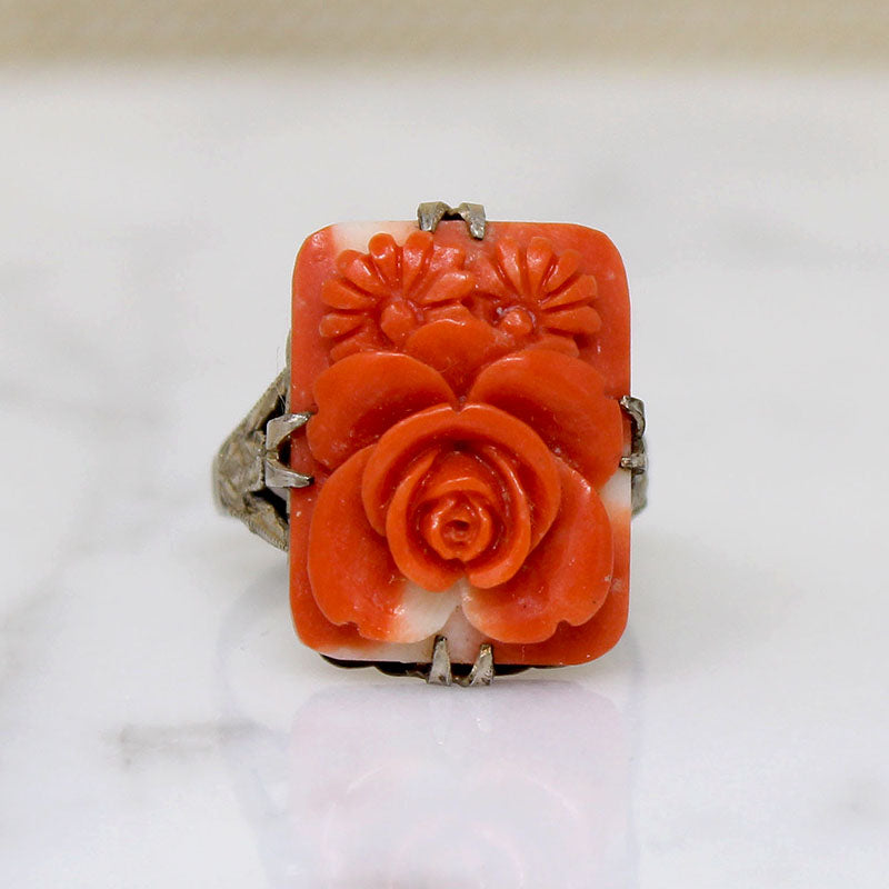 Lush Blossom-Carved Coral in Silver Ring