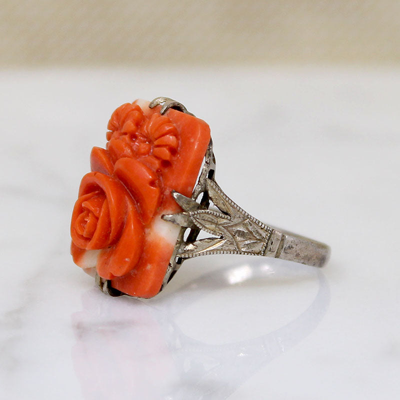 Lush Blossom-Carved Coral in Silver Ring