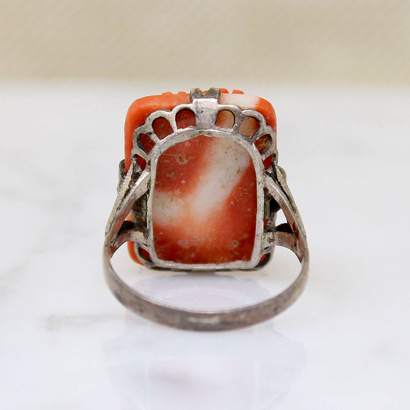 Lush Blossom-Carved Coral in Silver Ring