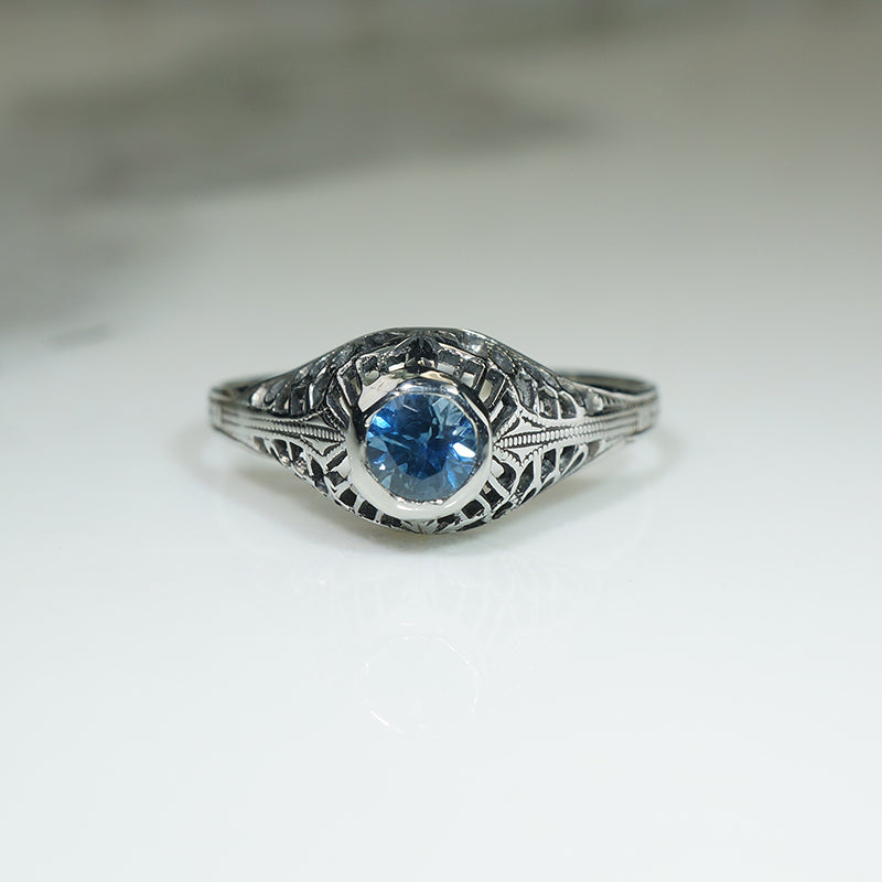 Montana Sapphire & White Gold Filigree Deco Ring