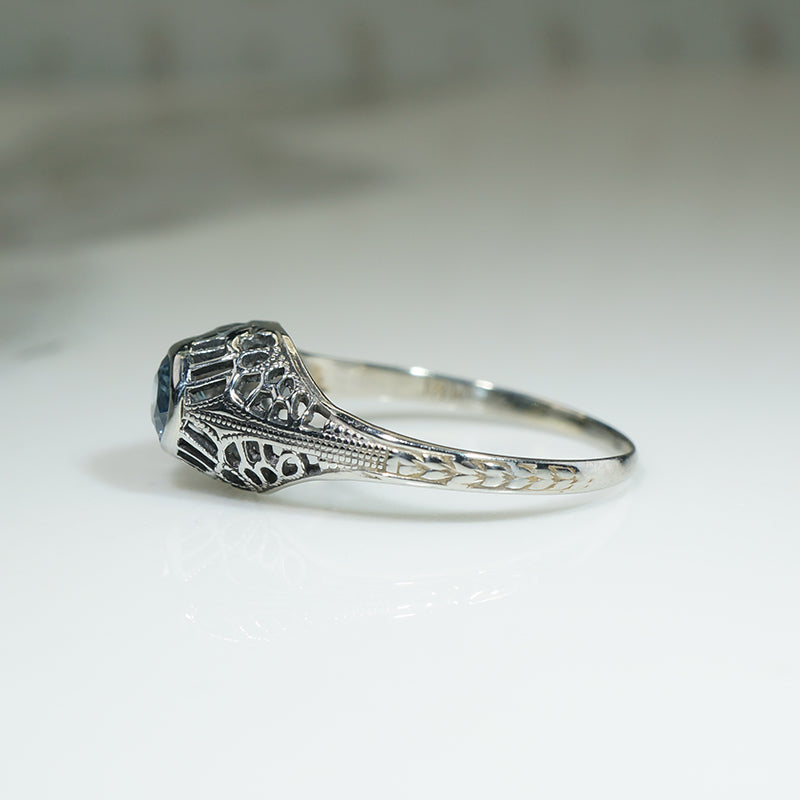 Montana Sapphire & White Gold Filigree Deco Ring