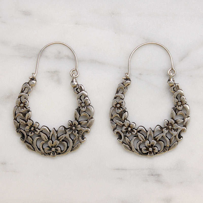 Delightful Floral Motif Sterling Silver Hoop Earrings