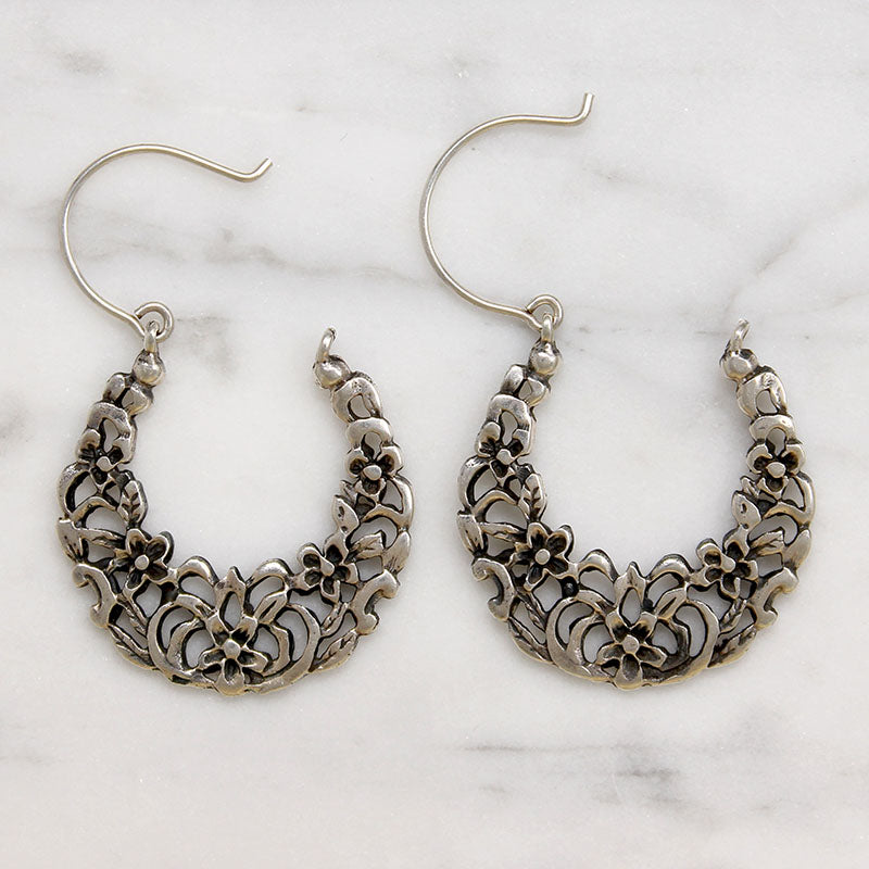 Delightful Floral Motif Sterling Silver Hoop Earrings