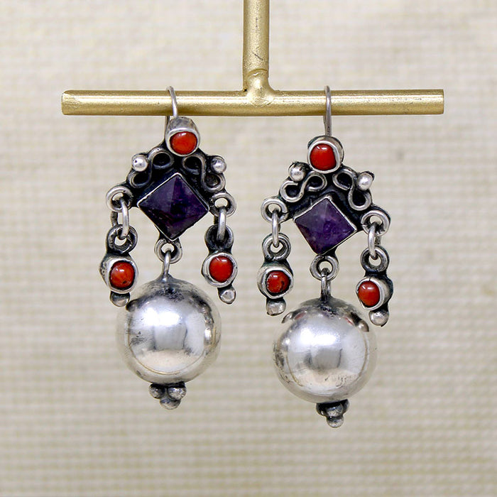 Matle-Style Mexican Sterling Earrings with Coral & Amethyst