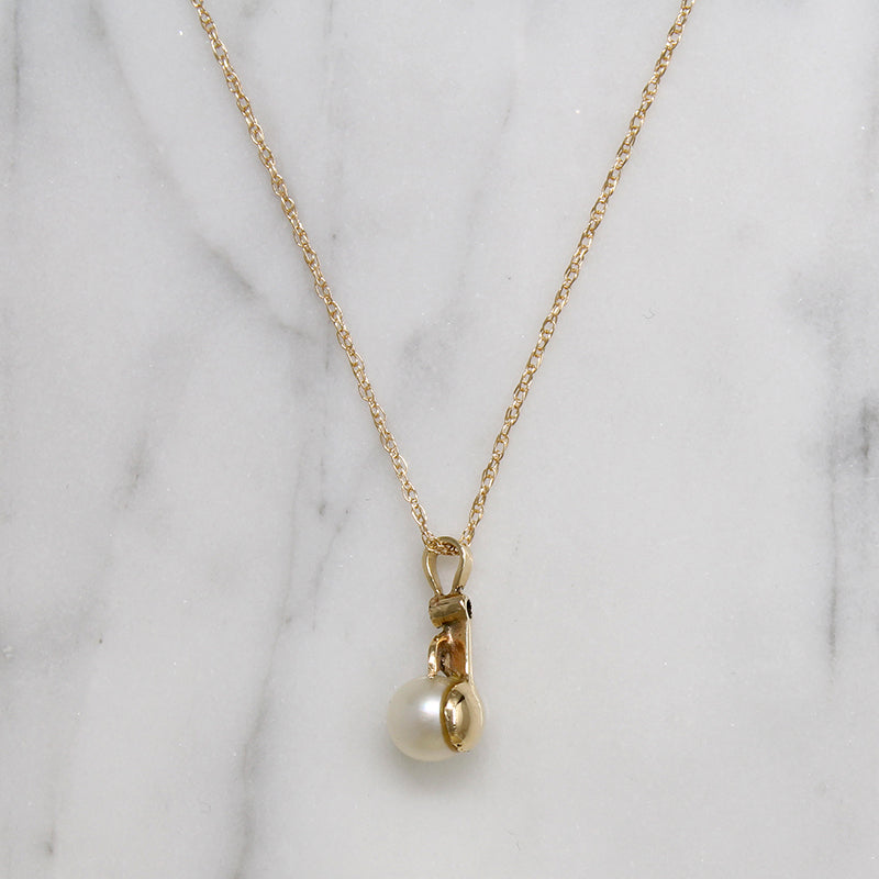 Sweet Pearl & Gold Leaf Pendant with Diamond Accent