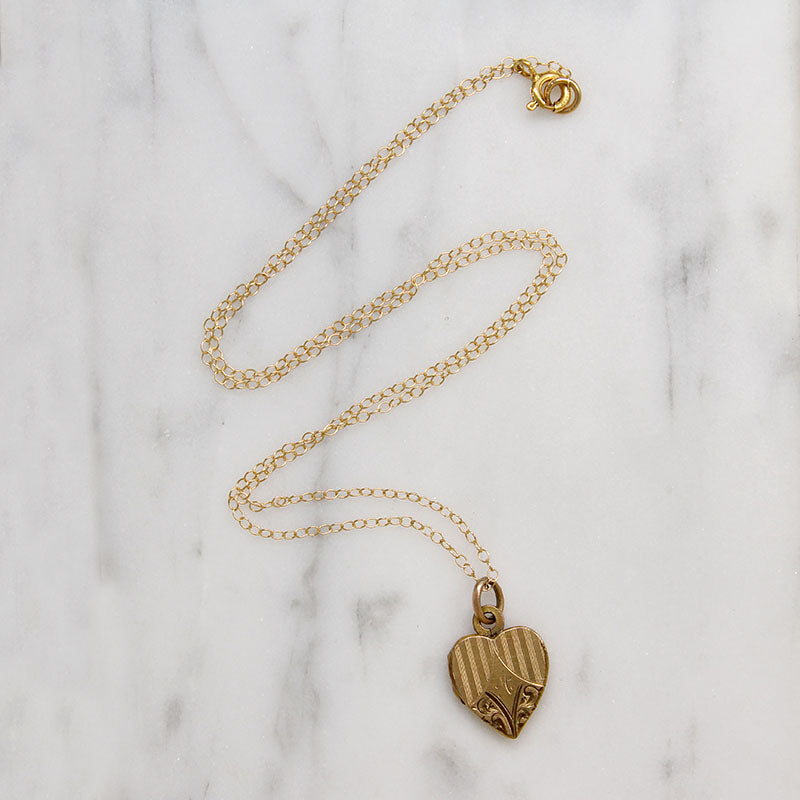Engraved Leaves & Pinstripes Gold Filled Heart Locket