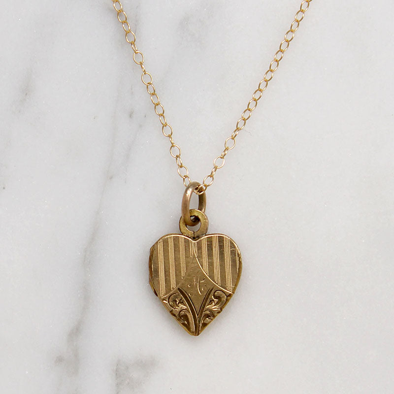 Engraved Leaves & Pinstripes Gold Filled Heart Locket