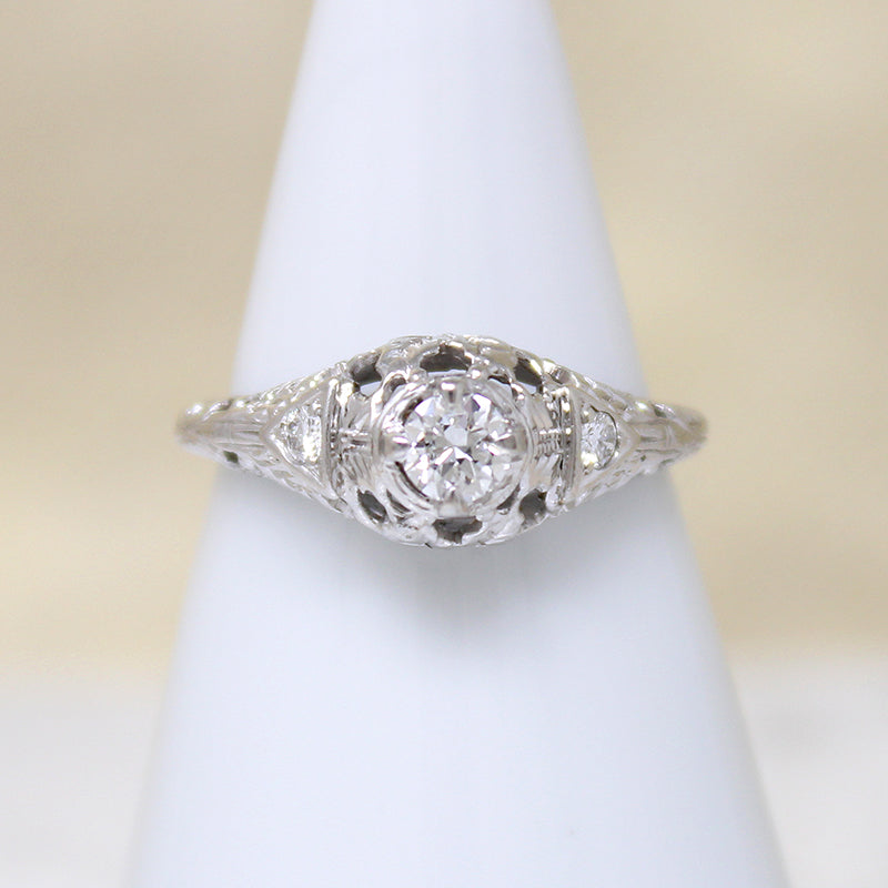 Holly Leaves White Gold Filigree & Diamond Engagement Ring