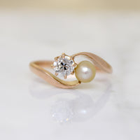 Old Mine Cut Diamond & Pearl in Rose Gold Bypass Ring