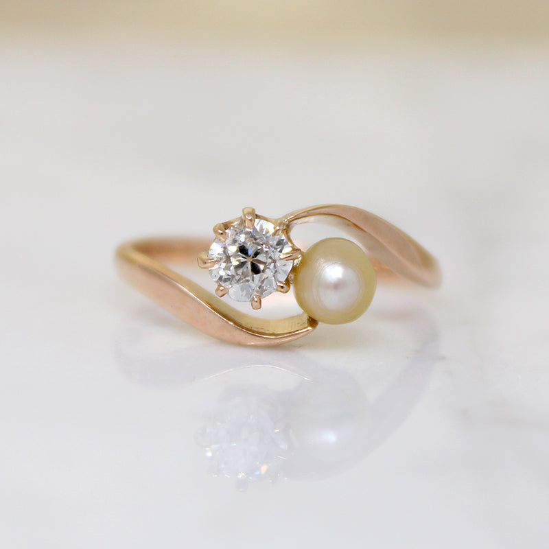 Old Mine Cut Diamond & Pearl in Rose Gold Bypass Ring