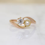 Old Mine Cut Diamond & Pearl in Rose Gold Bypass Ring